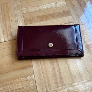 Burgundy patent leather tri-fold wallet